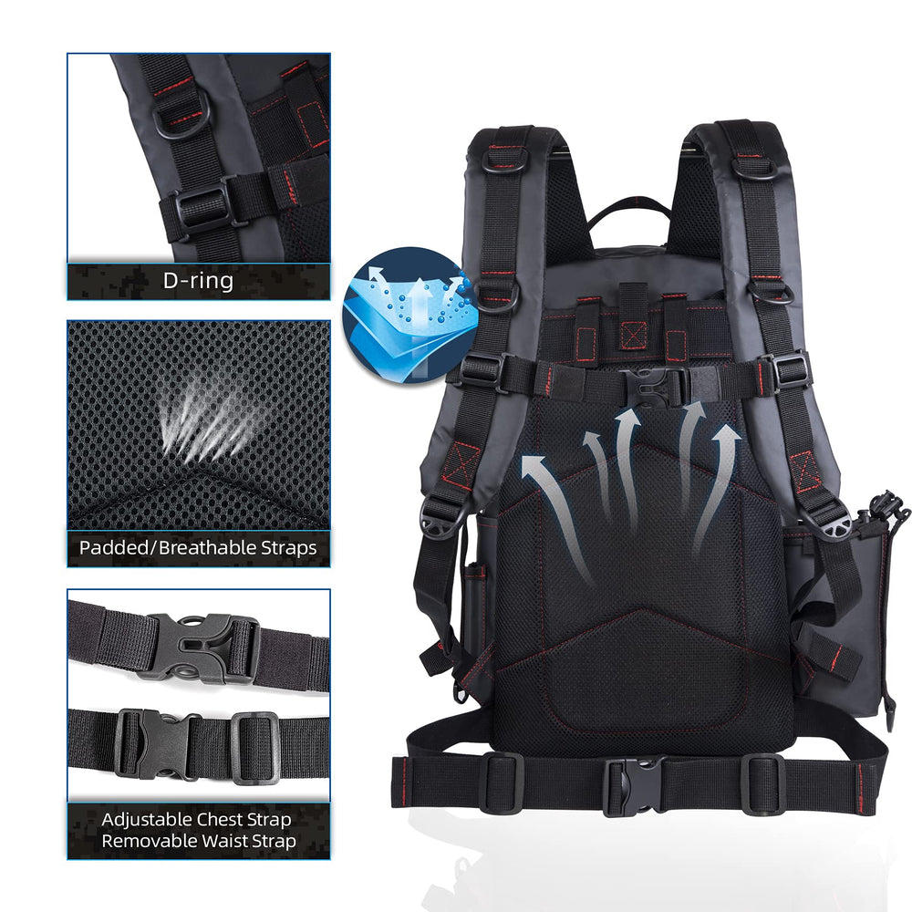 BLISSWILL Fishing Backpack MOLLE webbing adds space for additional accessories.