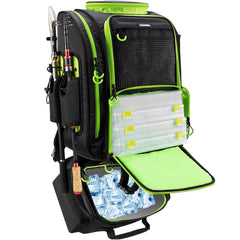 BLISSWILL large fishing backpack front view shows insulated cooler pocket for fresh catches