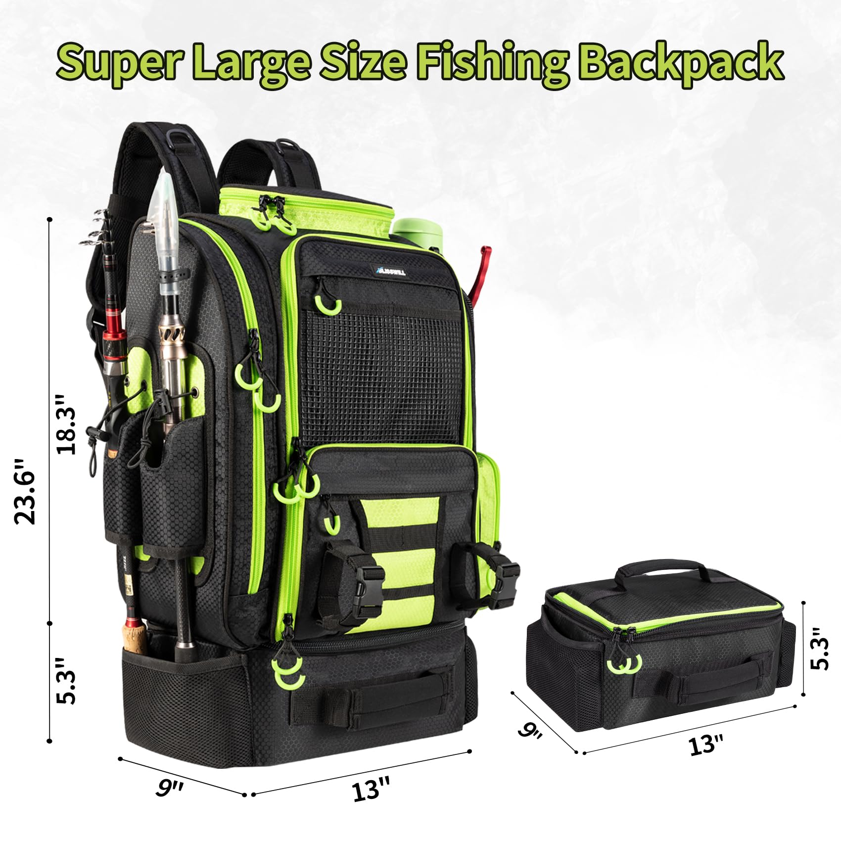 BLISSWILL large fishing backpack night visibility view emphasizes reflective front panel