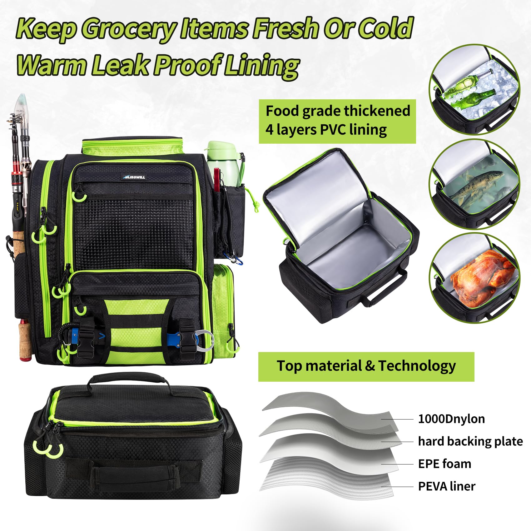 BLISSWILL large fishing backpack side pocket open demonstrates accessible storage for tackle and tools