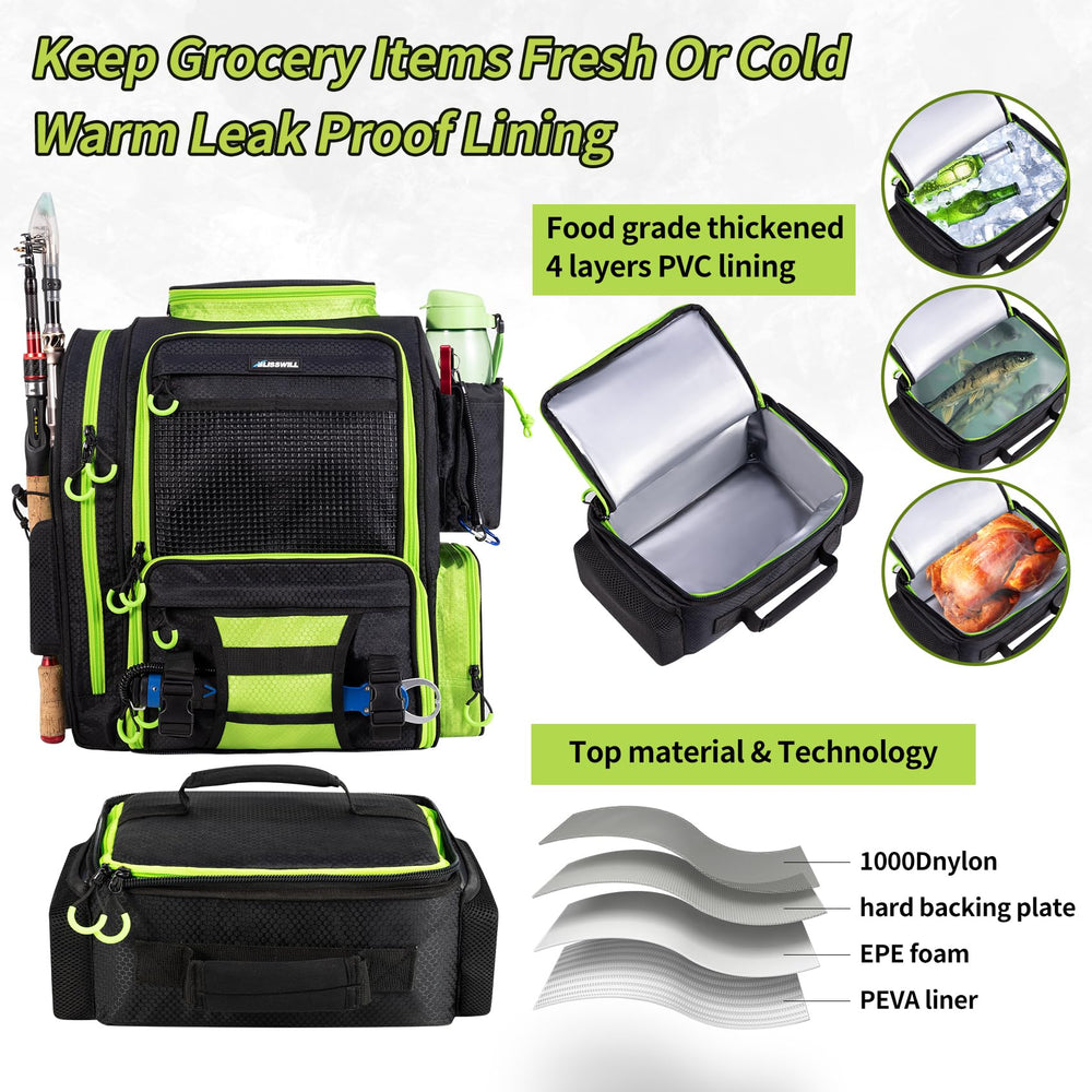 BLISSWILL large fishing backpack side pocket open demonstrates accessible storage for tackle and tools