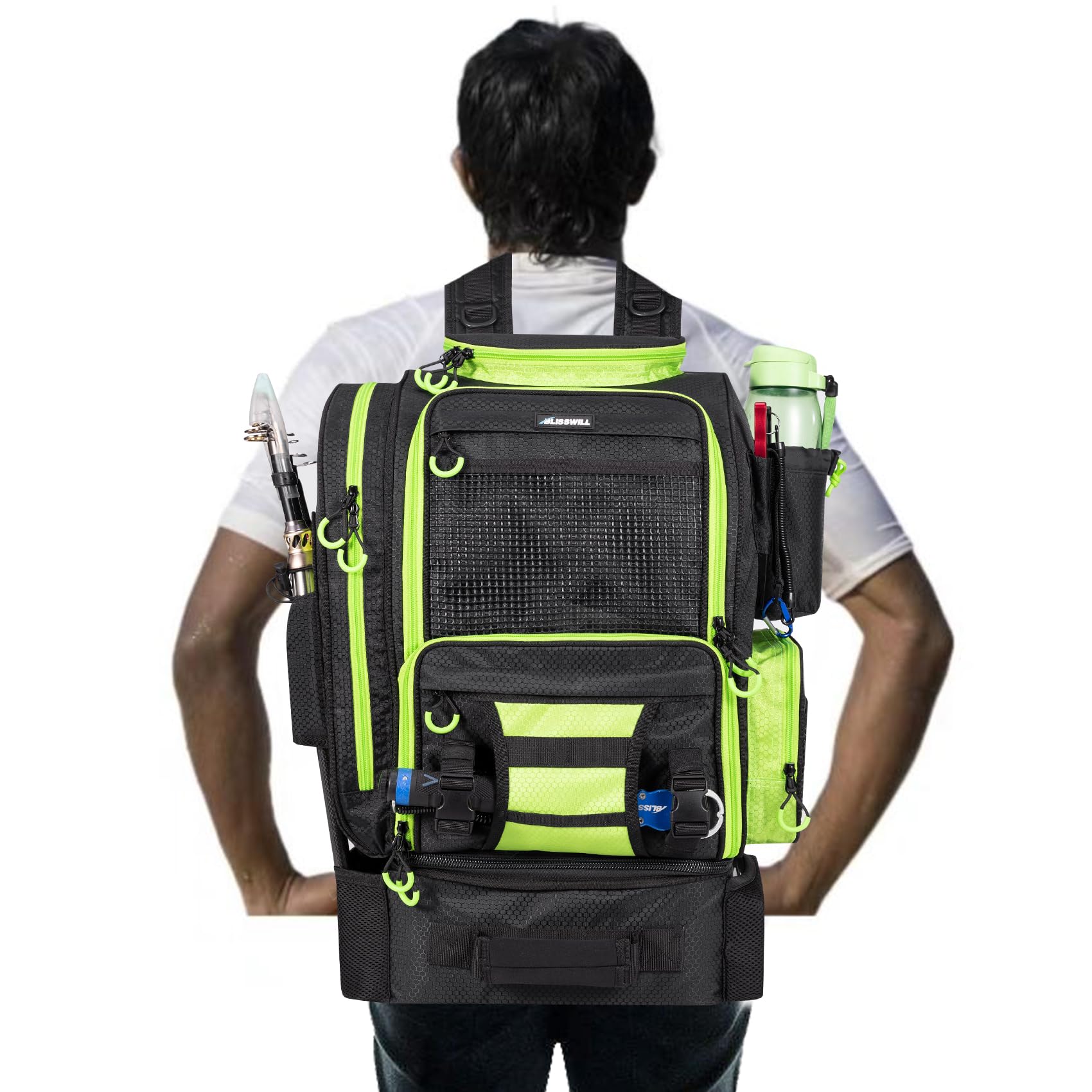 BLISSWILL large fishing backpack use-context shows hiking and camping versatility