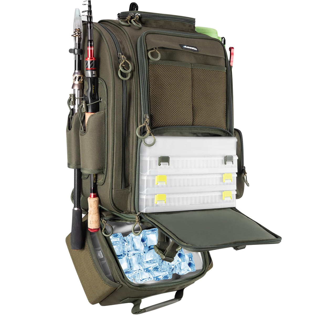BLISSWILL large fishing backpack with cooler keeps drinks cold for full-day trips.