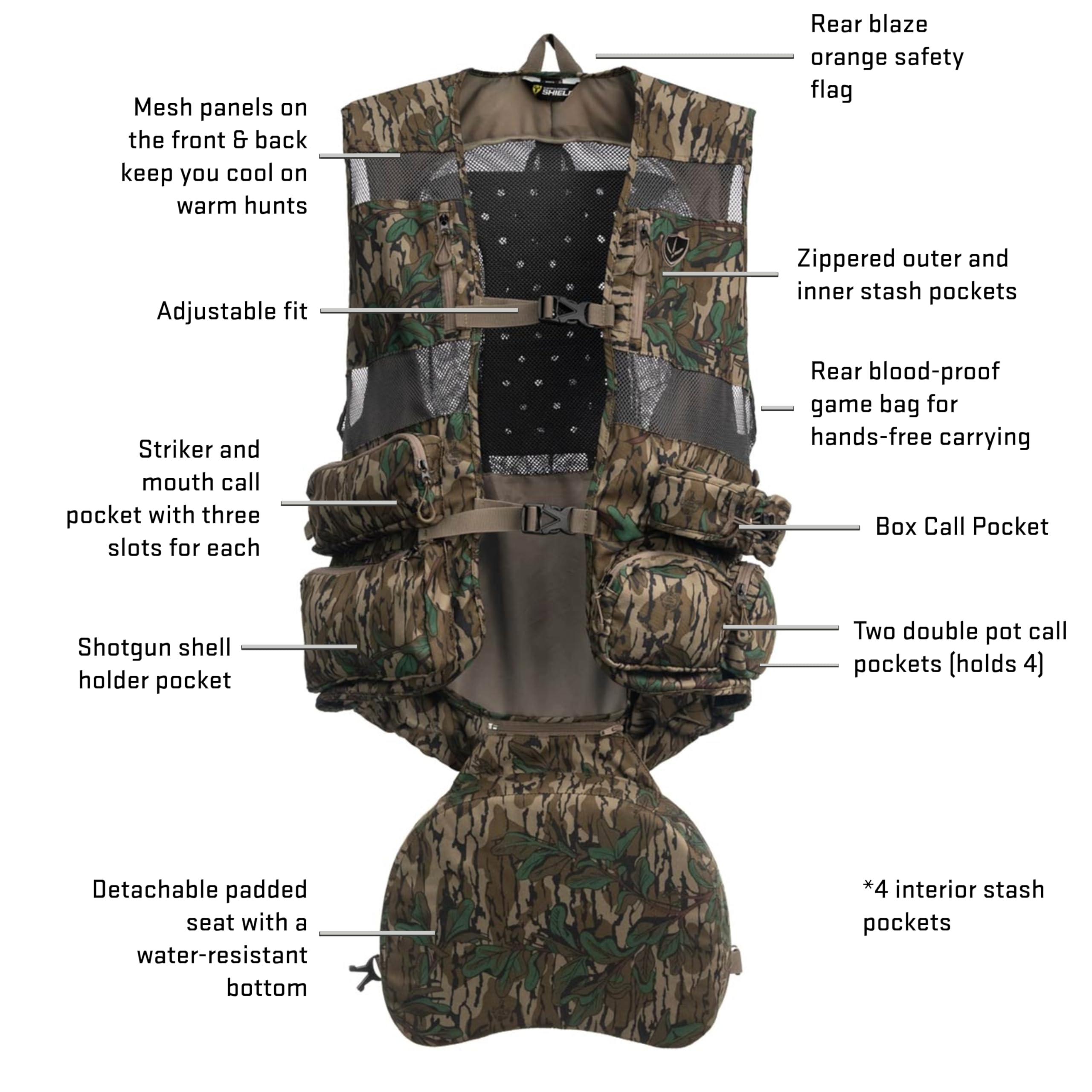 BLOCKER OUTDOORS Finisher Pro II turkey vest includes blaze orange safety flag for visibility.