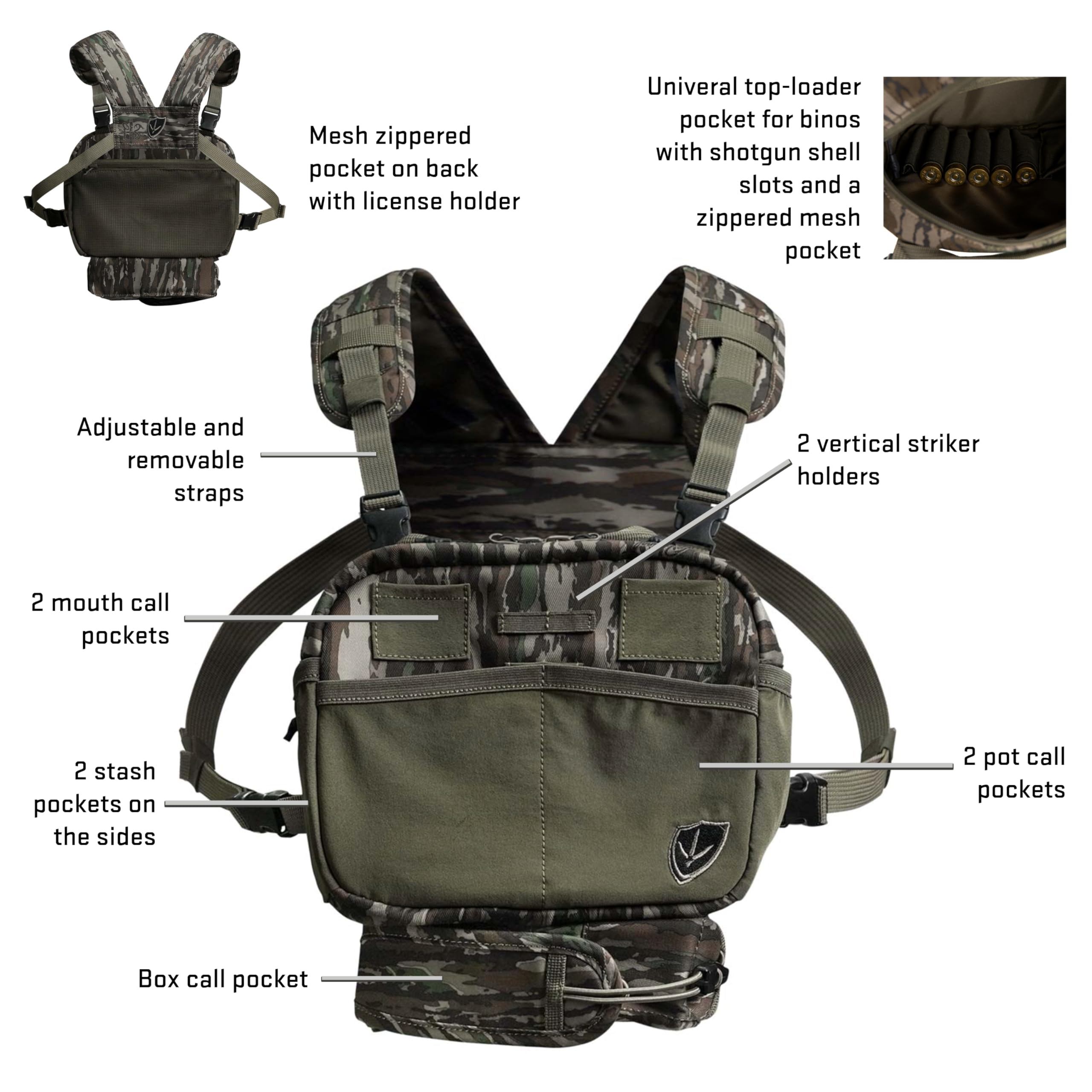 BLOCKER OUTDOORS Finisher chest pack exterior pockets keep calls organized.