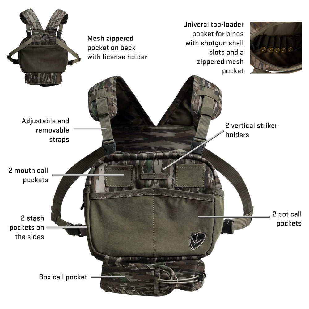 BLOCKER OUTDOORS Finisher chest pack exterior pockets keep calls organized.