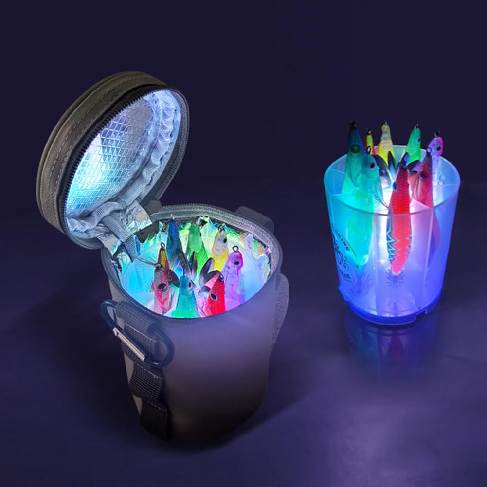 Bloepum UV Jig Fill Light Kit LED activation shows fluorescent lures in low light.