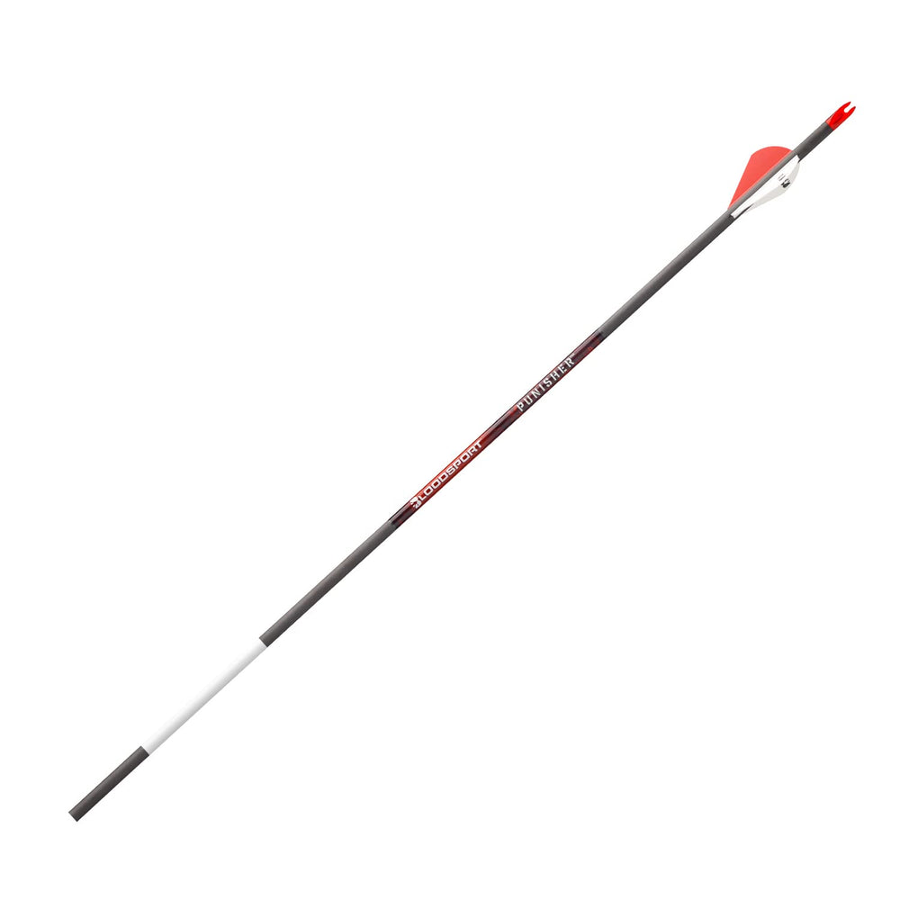 Bloodsport Punisher arrow fletched design ready for six-pack hunting setups and quick replacements.