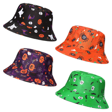 Four Halloween bucket hats in orange, green, black and purple laid out