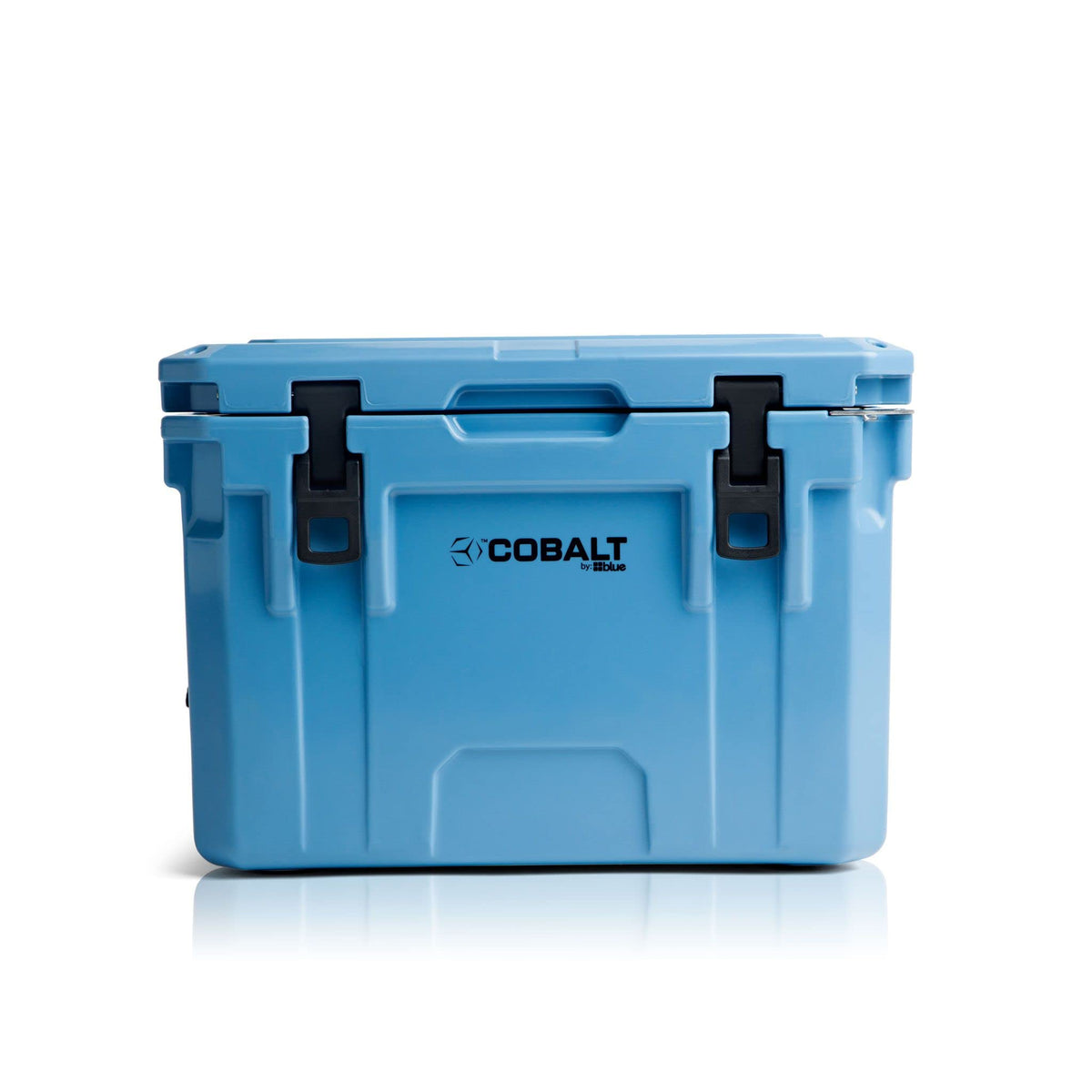 Blue Coolers Cobalt 25qt front view shows rugged roto-molded durability for outdoor use.