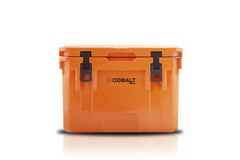 Blue Coolers Cobalt 25qt front view shows rugged build for outdoor adventures.