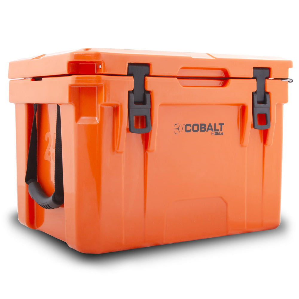 Blue Coolers Cobalt 25qt lid-open demonstrates quick access for gatherings.