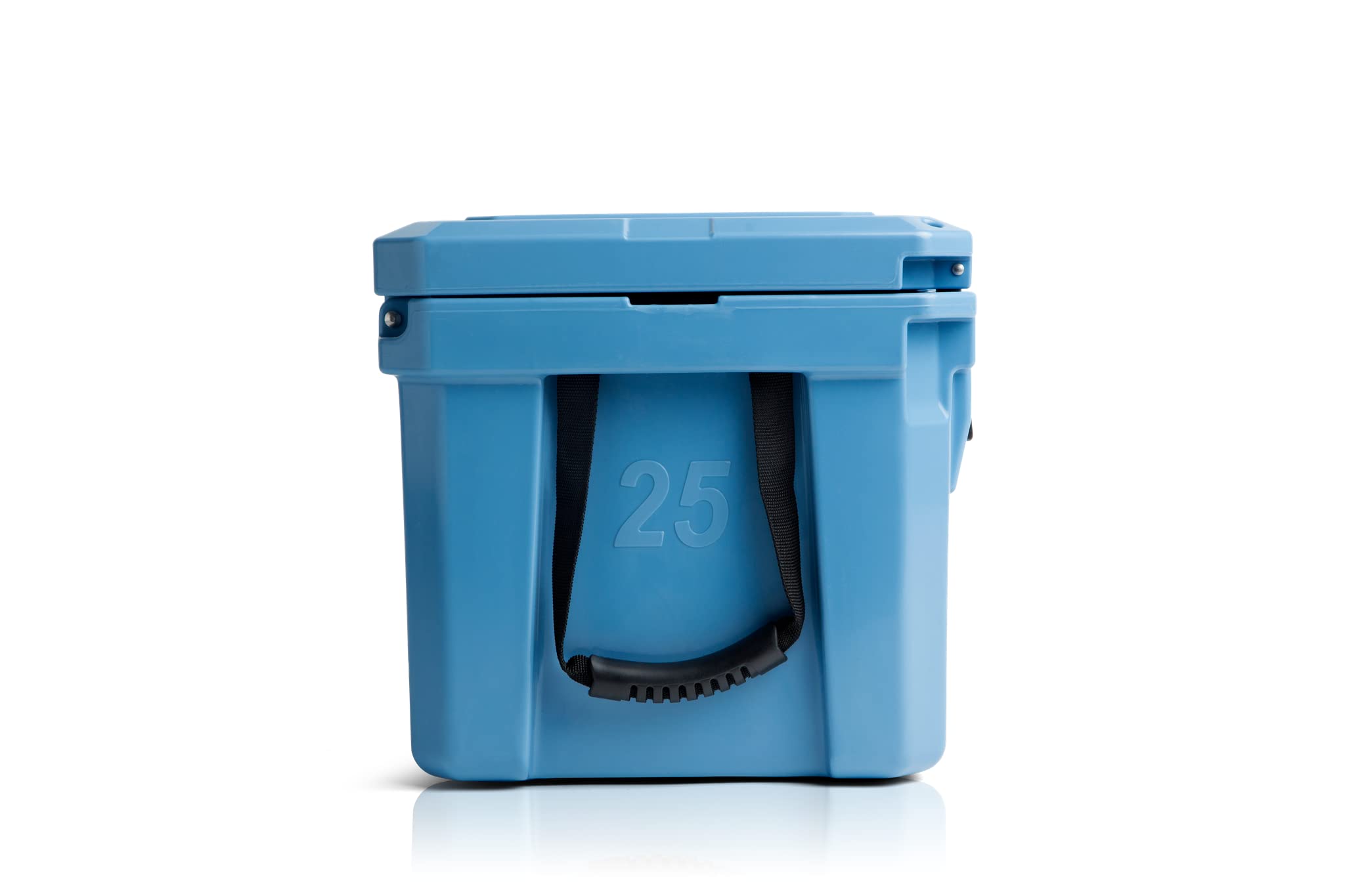 Blue Coolers Cobalt 25qt side view highlights compact carry and lightweight design.