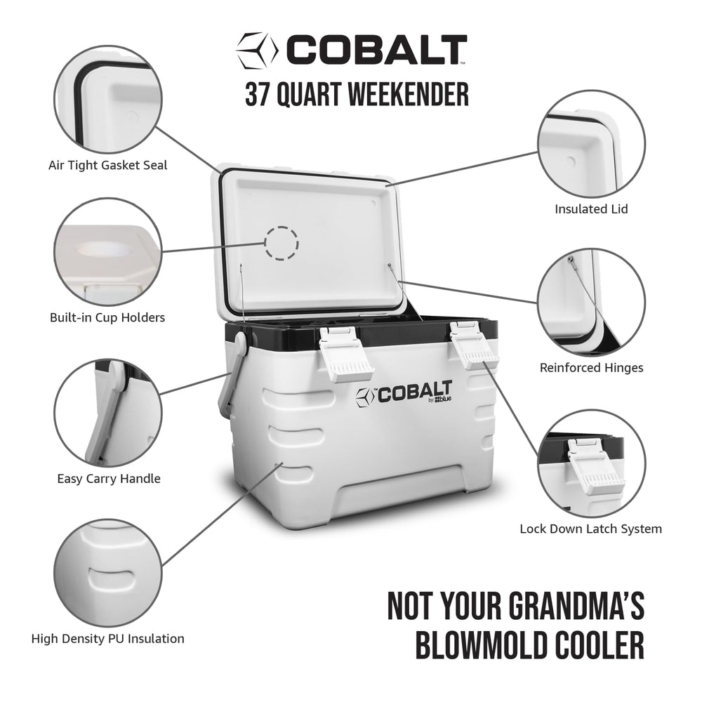 Blue Coolers Cobalt 37qt easy-close latches secure transport at events.