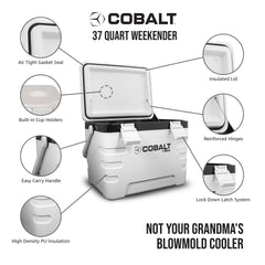 Blue Coolers Cobalt 37qt easy-close latches secure transport at events.