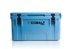 Blue Coolers Cobalt 55-Quart lid closed with secure latches for transport