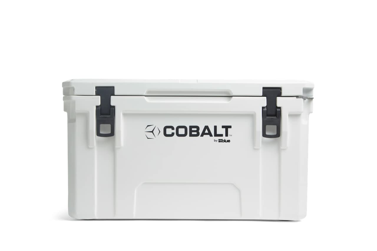 Blue Coolers Cobalt 55-Quart ice chest with open lid for easy camping access.