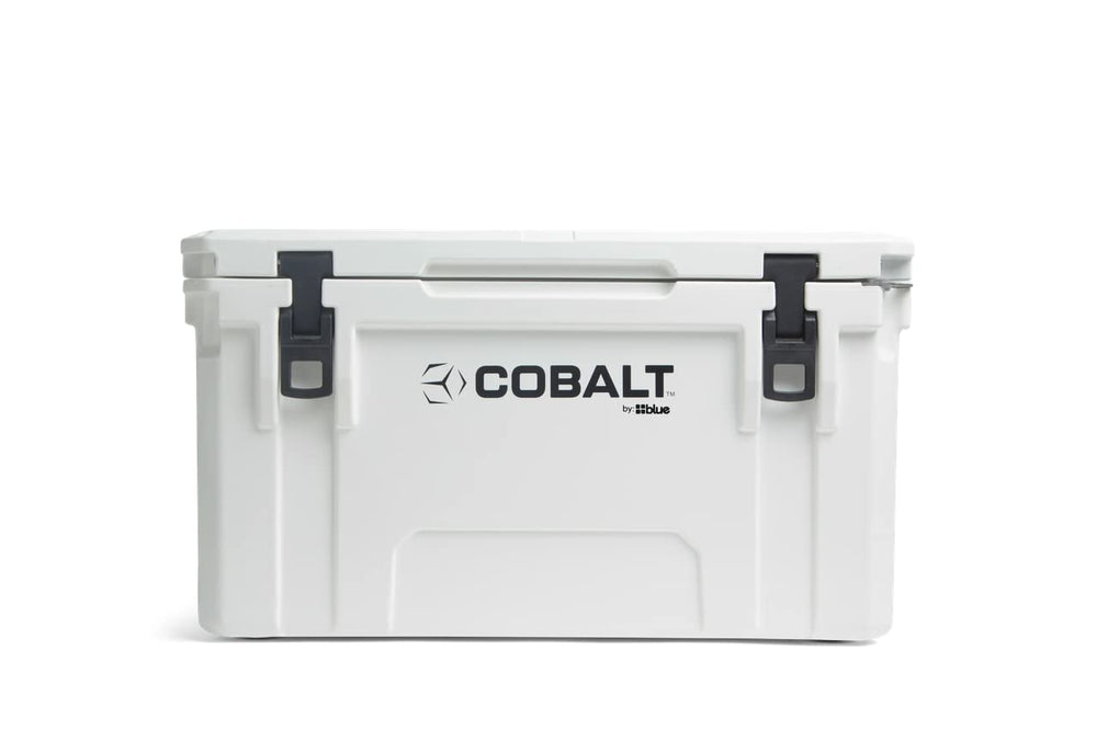 Blue Coolers Cobalt 55-Quart ice chest with open lid for easy camping access.