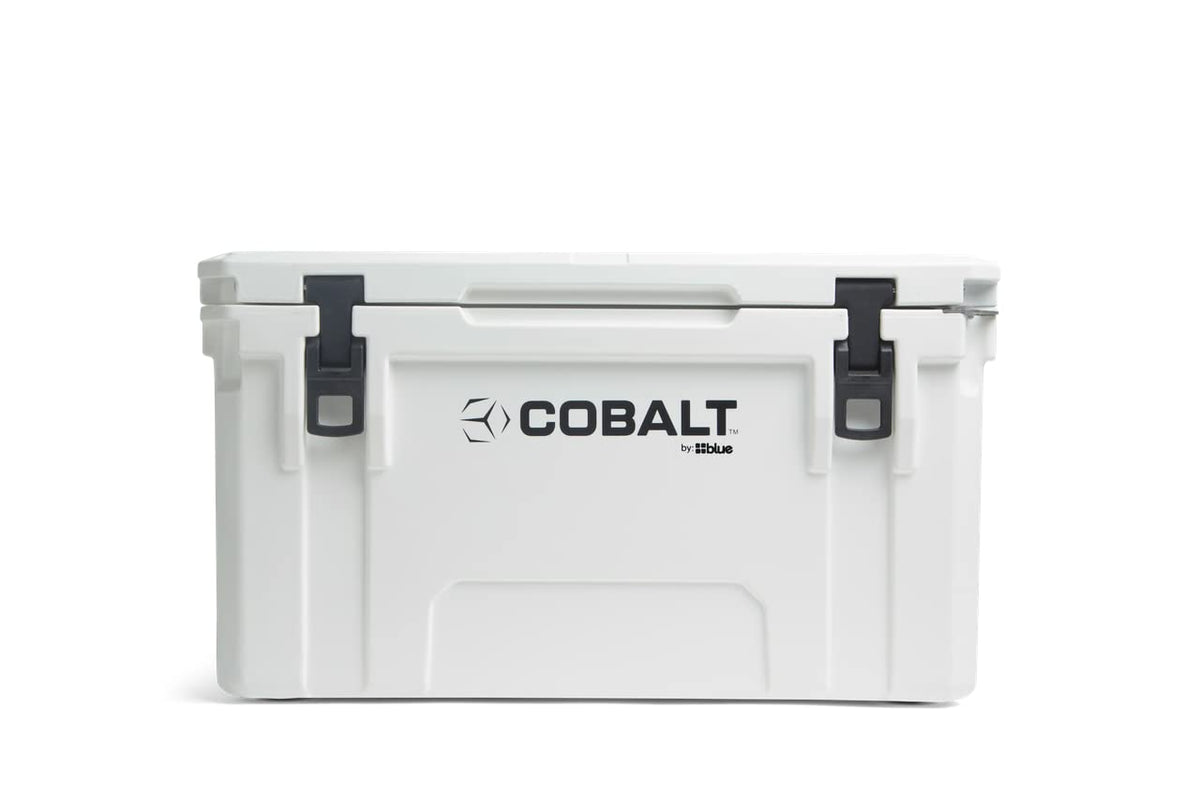 Blue Coolers Cobalt 55-Quart ice chest with open lid for easy camping access.