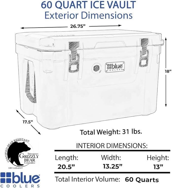 Blue Coolers Ice Vault 60qt insulation-detail highlights 2-inch insulation for long ice life