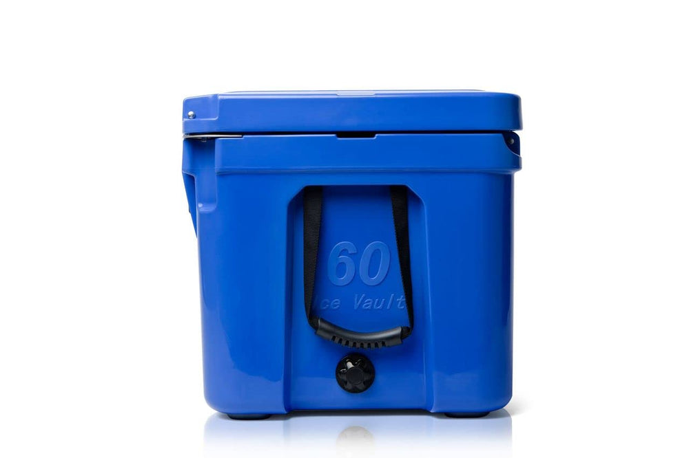 Blue Coolers Ice Vault 60qt lid-closed demonstrates secure locking for travel