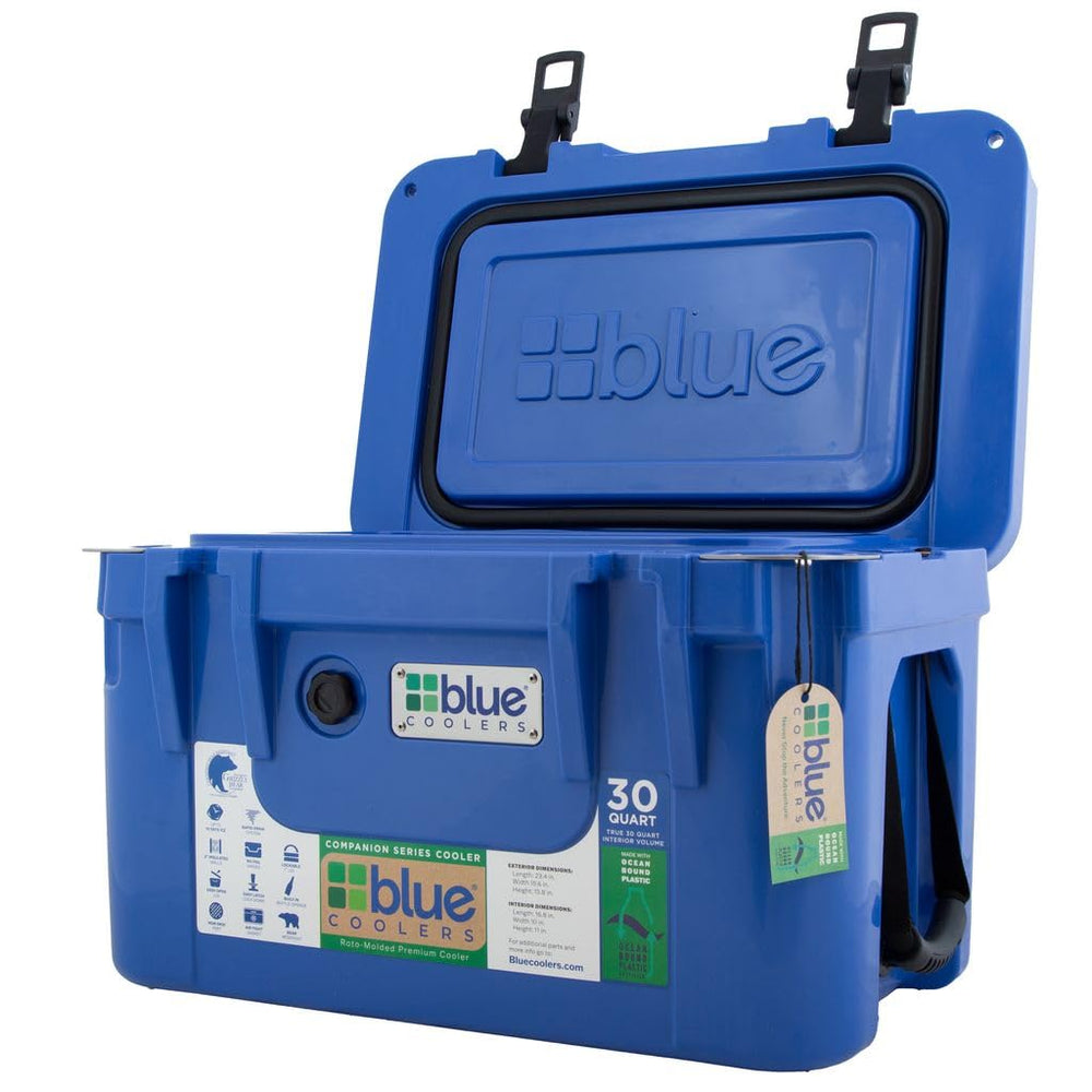 Blue Coolers lid doubles as cutting board or seat.