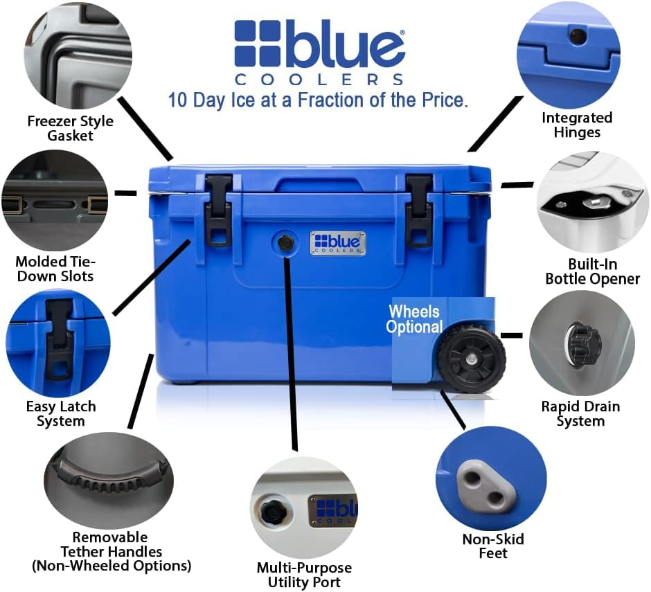 Blue Coolers lockable lid and UV-resistant exterior.