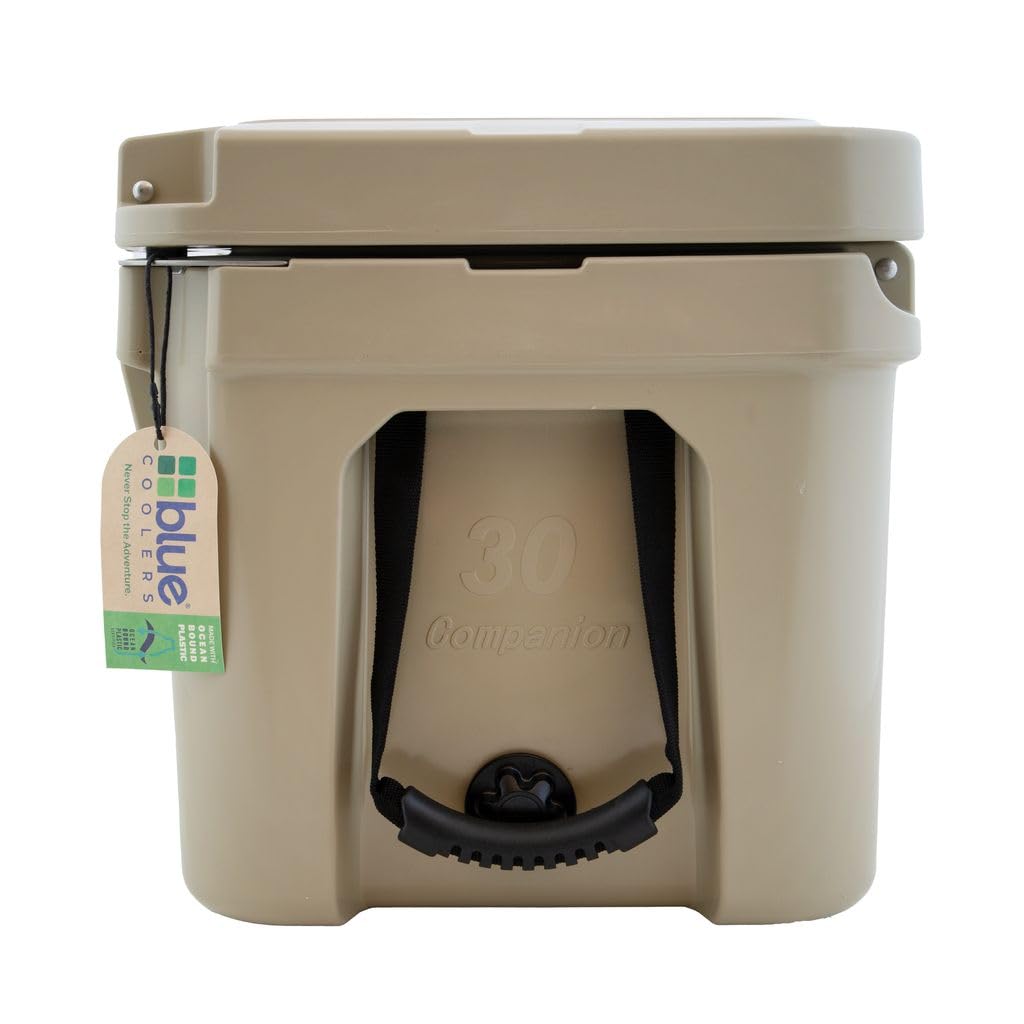 Blue Coolers 30QT camping scene emphasizes rugged durability in harsh conditions.