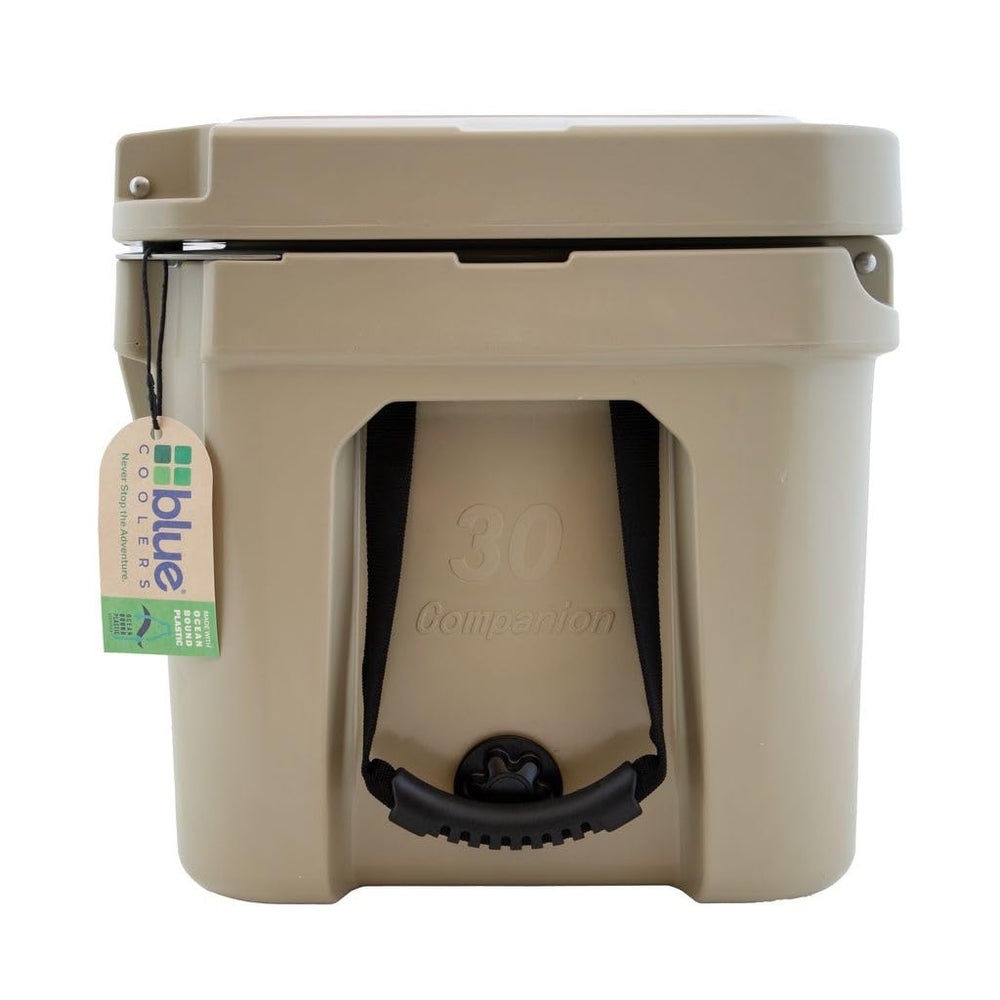 Blue Coolers 30QT camping scene emphasizes rugged durability in harsh conditions.