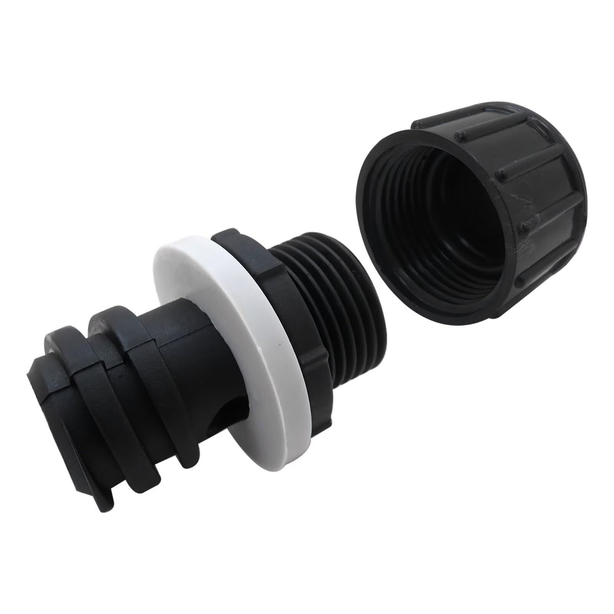 BLUE ELF drain plug with hose connection ready for easy cooler drainage.