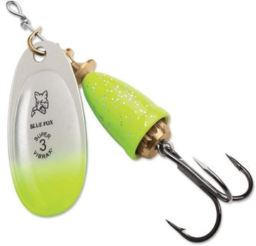 Blue Fox Vibrax 03 Chartreuse Green Candyback lure with bright vibration attracting game fish