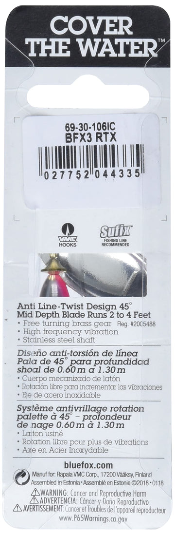 Blue Fox Classic Vibrax 03 Foxtail Rainbow Trout lure packaging label.