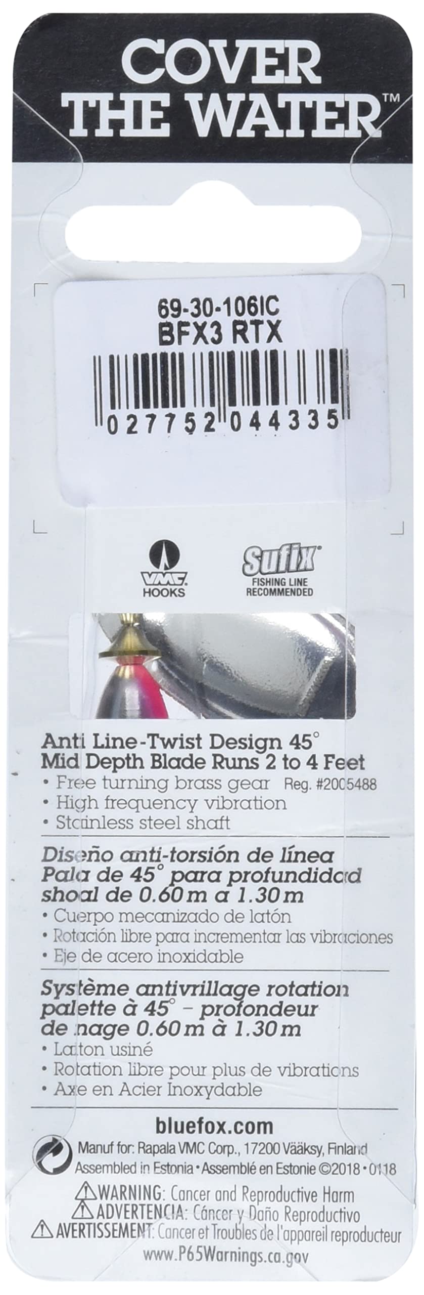 Blue Fox Classic Vibrax 03 Foxtail Rainbow Trout lure packaging label.