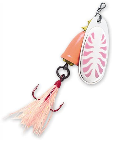 Blue Fox Classic Vibrax 04 Glow lure in pink-orange glows, showcasing glow finish and action for attracting fish.