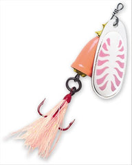 Blue Fox Classic Vibrax 04 Glow lure in pink-orange glows, showcasing glow finish and action for attracting fish.