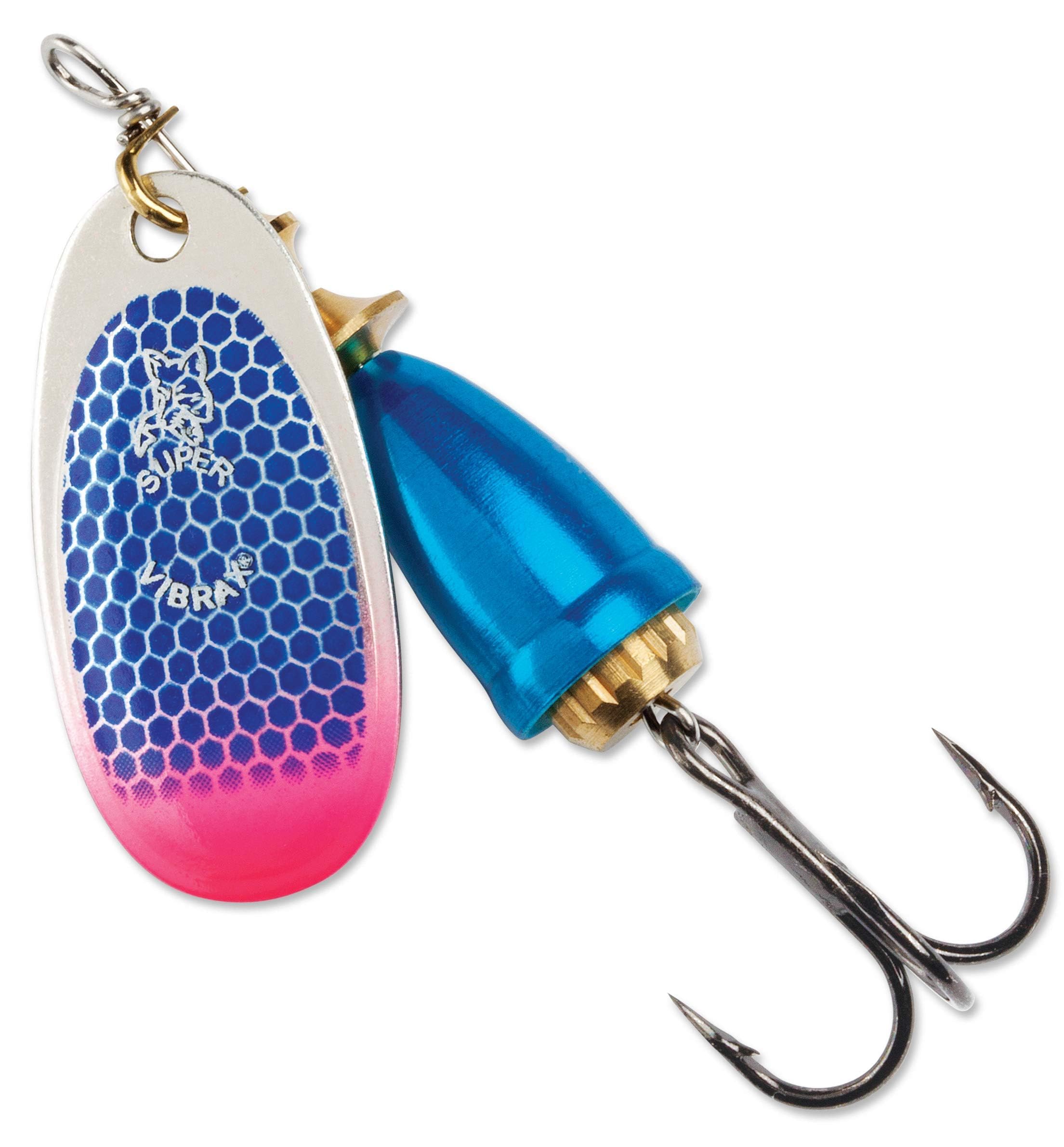 Blue Fox Classic Vibrax 04 UV lure with blue scale and pink tip for freshwater fishing.