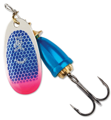 Blue Fox Classic Vibrax 04 UV lure with blue scale and pink tip for freshwater fishing.