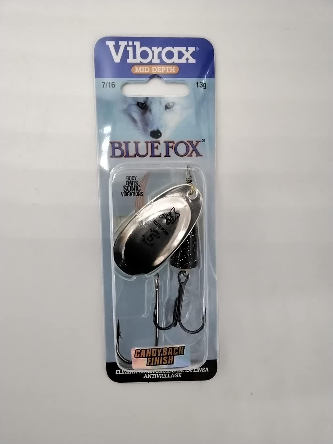 Blue Fox Classic Vibrax 05 Black Chartreuse Candyback spinner bait—designed to attract attention with a flashing blade.