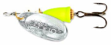 Blue Fox Classic Vibrax 05 spinner with silver blade and fluor yellow body attracts fish in murky water