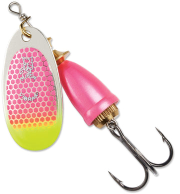 Blue Fox Classic Vibrax 06 lure with pink scale and UV tip attracts bites in murky water