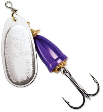 Blue Fox Classic Vibrax 06 lure with silver plating and purple accents attracts bites