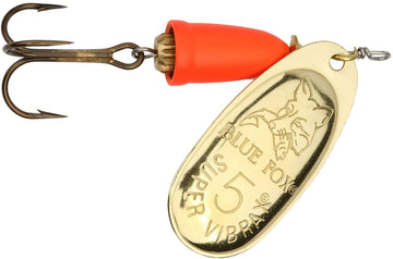 Blue Fox Classic Vibrax inline spinner lure with gold-red blade, ideal for freshwater fishing.