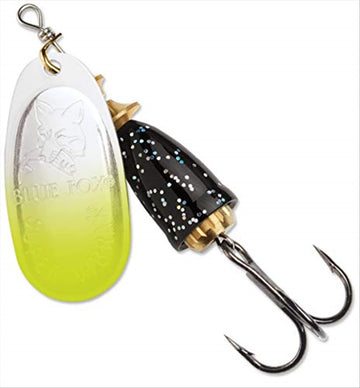 Blue Fox Classic Vibrax Spinner chartreuse tipped silver flake attracts fish in mid-water