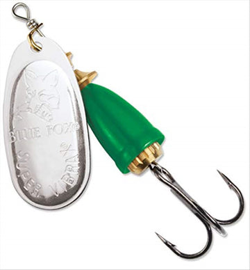Blue Fox Classic Vibrax spinner in silver and fluorescent green attracts trout in stained water