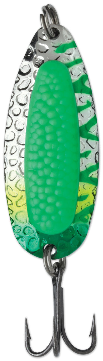Blue Fox Pixee Spoon 1/4 fluorescent green UV lure enhances visibility for low-light fishing.