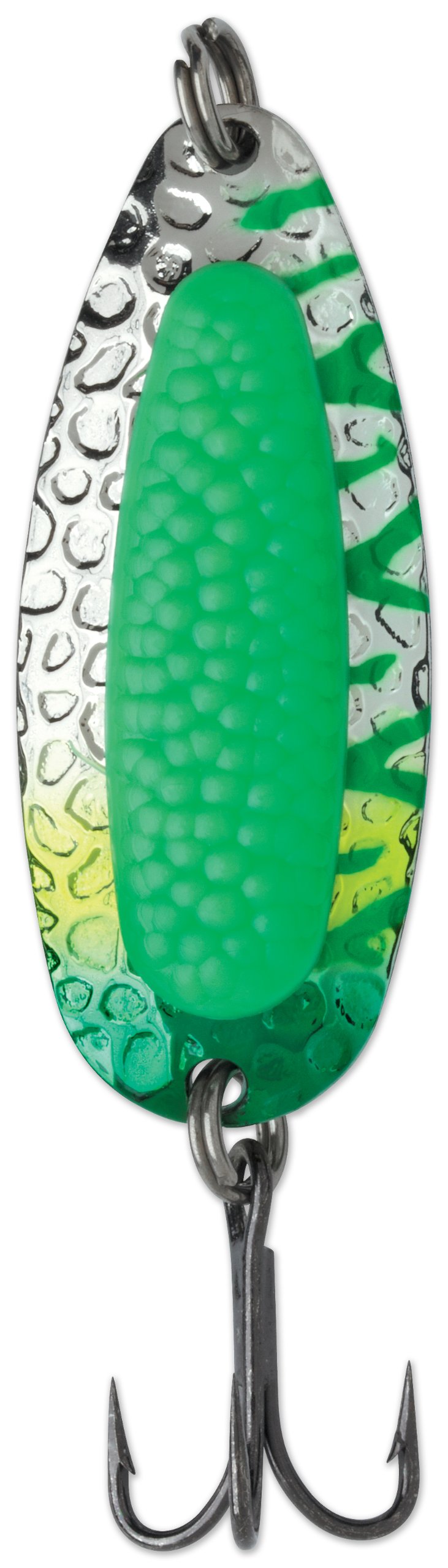Blue Fox Pixee Spoon 1/4 fluorescent green UV lure enhances visibility for low-light fishing.
