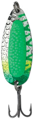 Blue Fox Pixee Spoon 1/4 fluorescent green UV lure enhances visibility for low-light fishing.