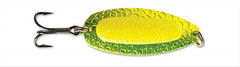 Blue Fox Pixee Spoon 7/8 oz chartreuse-yellow with reflective finish attracts salmon in fast rivers