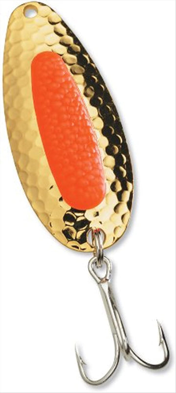 Blue Fox Pixee Spoon with gold-plated fluorescent orange insert for long casts and deep retrieves in fast water