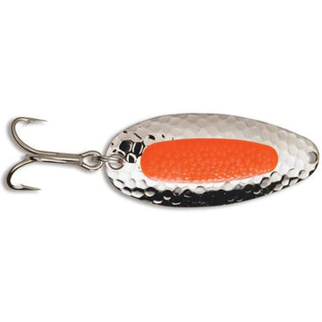 Blue Fox Pixiee Spoon nickel with fluorescent orange insert for deep-water salmon and steelhead.